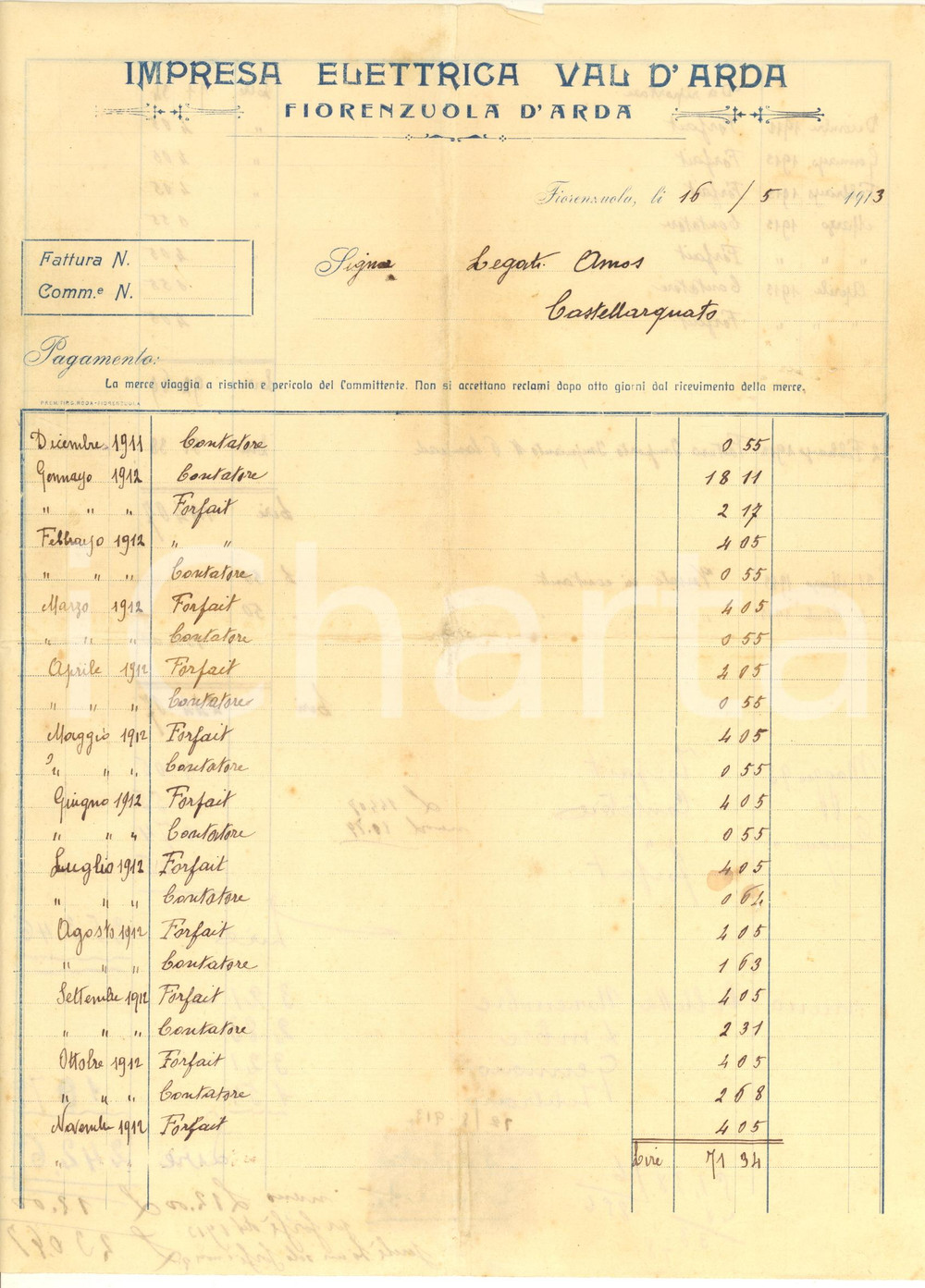 Documento originale, autentico 1913 FIORENZUOLA D ARDA PC Impresa Elettrica VAL D ARDA  Fattura 1