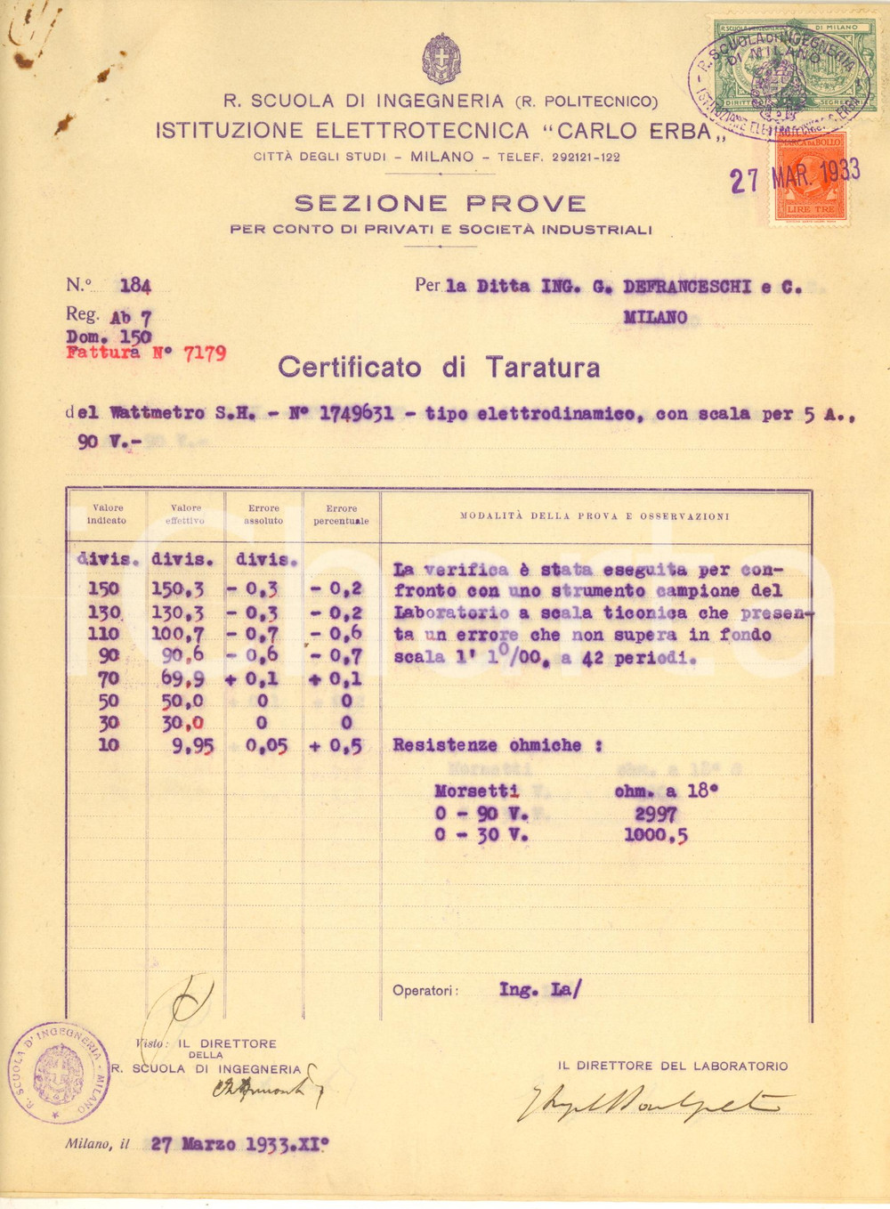 Documento originale, autentico 1933 MILANO POLITECNICO  Elettrotecnica Carlo Erba  Certificato taratura 1