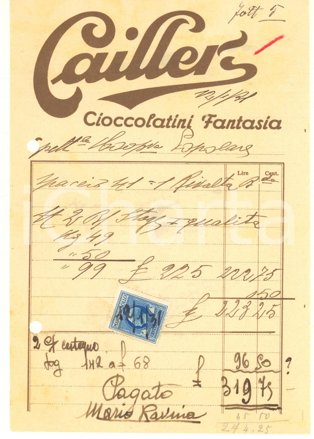 Documento originale, autentico 1931 SVIZZERA Maison CAILLER  Cioccolatini fantasia  Fattura 1