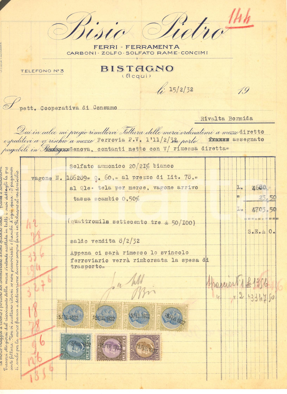 Documento originale, autentico 1932 BISTAGNO AL Pietro BISIO ferramenta  Fattura intestata 1