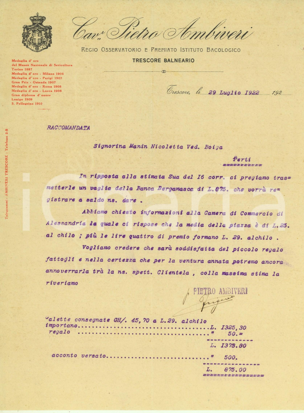 Documento originale, autentico 1922 TRESCORE BALNEARIO Cav. Pietro AMBIVERI  Istituto Bacologico Lettera 1