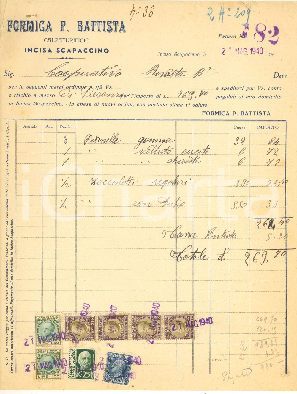 Documento originale, autentico 1940 INCISA SCAPACCINO AT Calzaturificio FORMICA P. BATTISTA Fattura 1