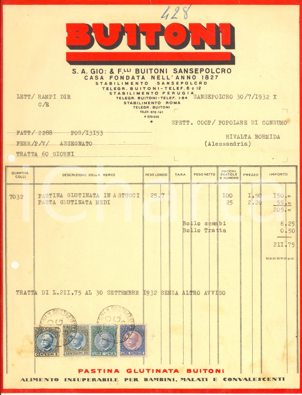 Documento originale, autentico 1932 SANSEPOLCRO F.lli BUITONI Pastina glutinata in astucci  Fattura 1