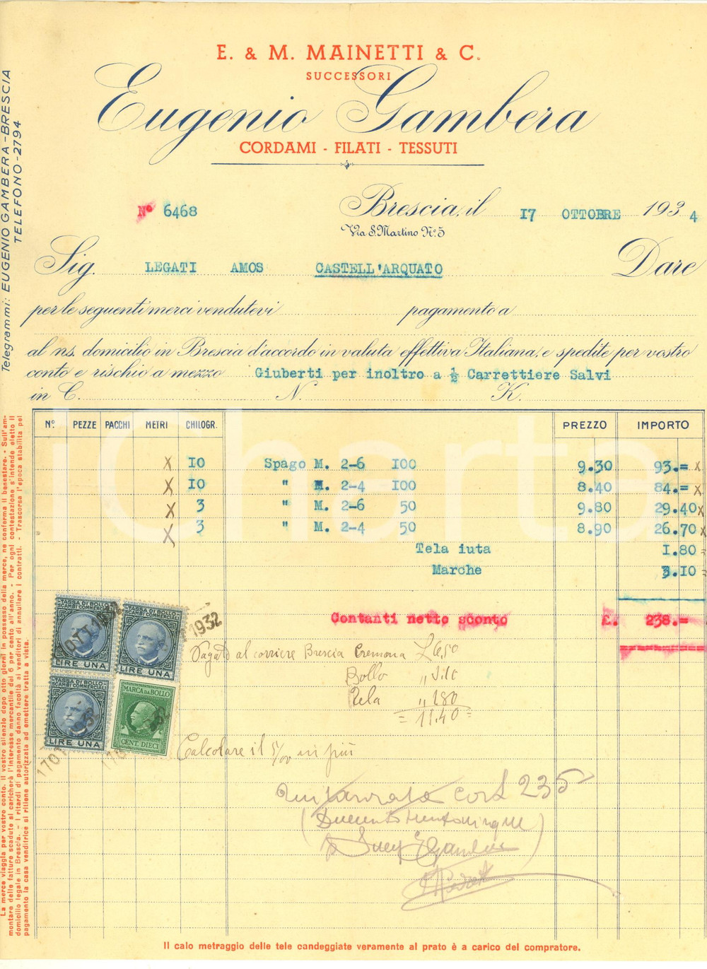 Documento originale, autentico 1934 BRESCIA Eugenio GAMBERA Cordami  Filati  Tessuti Fattura intestata 1