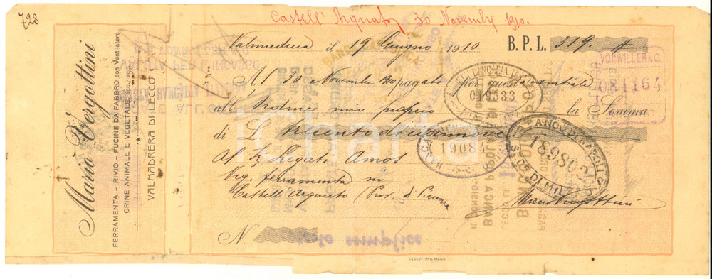 Oggetto da collezione cartaceo 1910 VALMADRERA DI LECCO Mario VERGOTTINI ferramenta Assegno pubblicitario 1