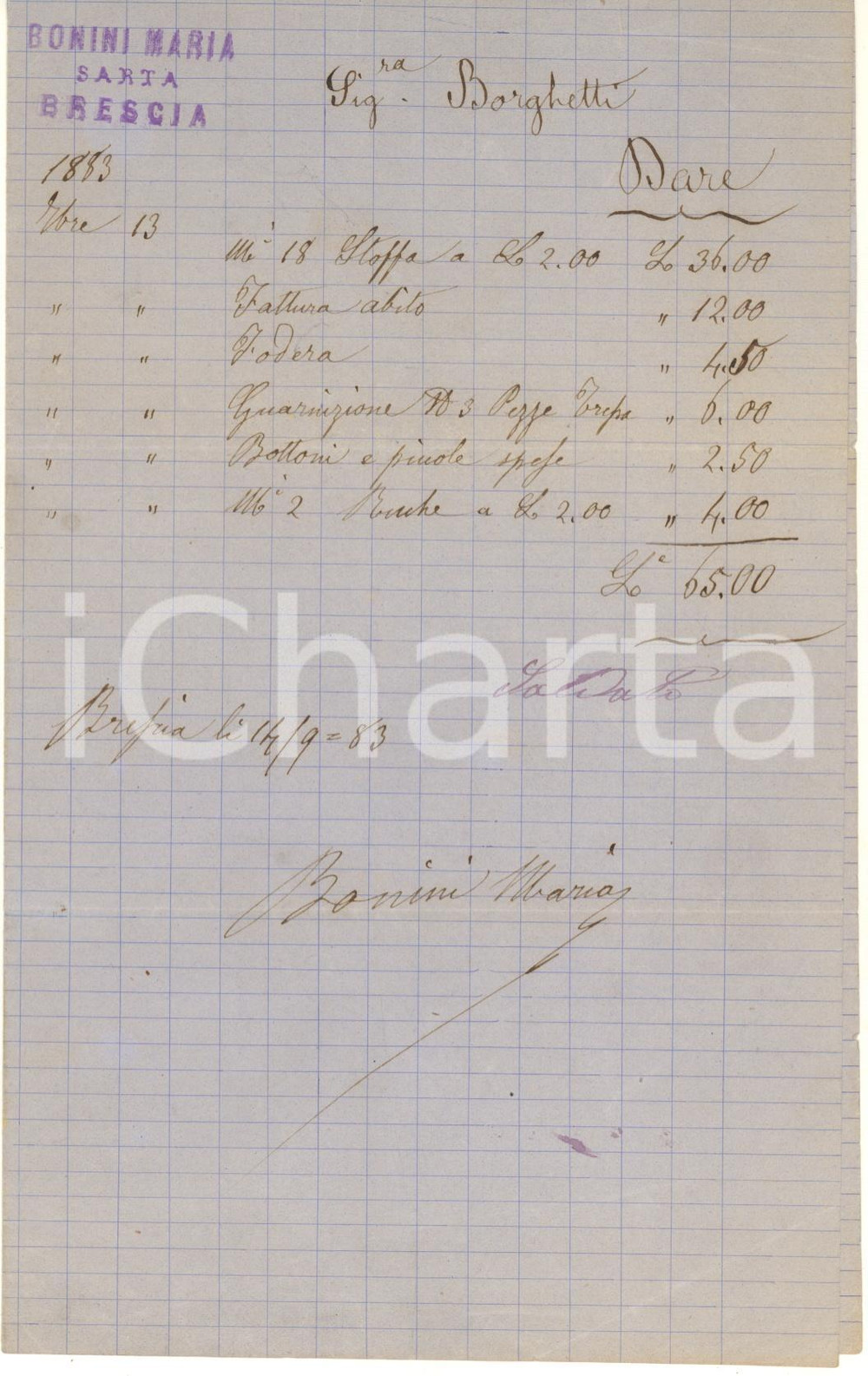 Documento originale, autentico 1883 BRESCIA  Maria BONINI sarta  Conto manoscritto stoffe 1