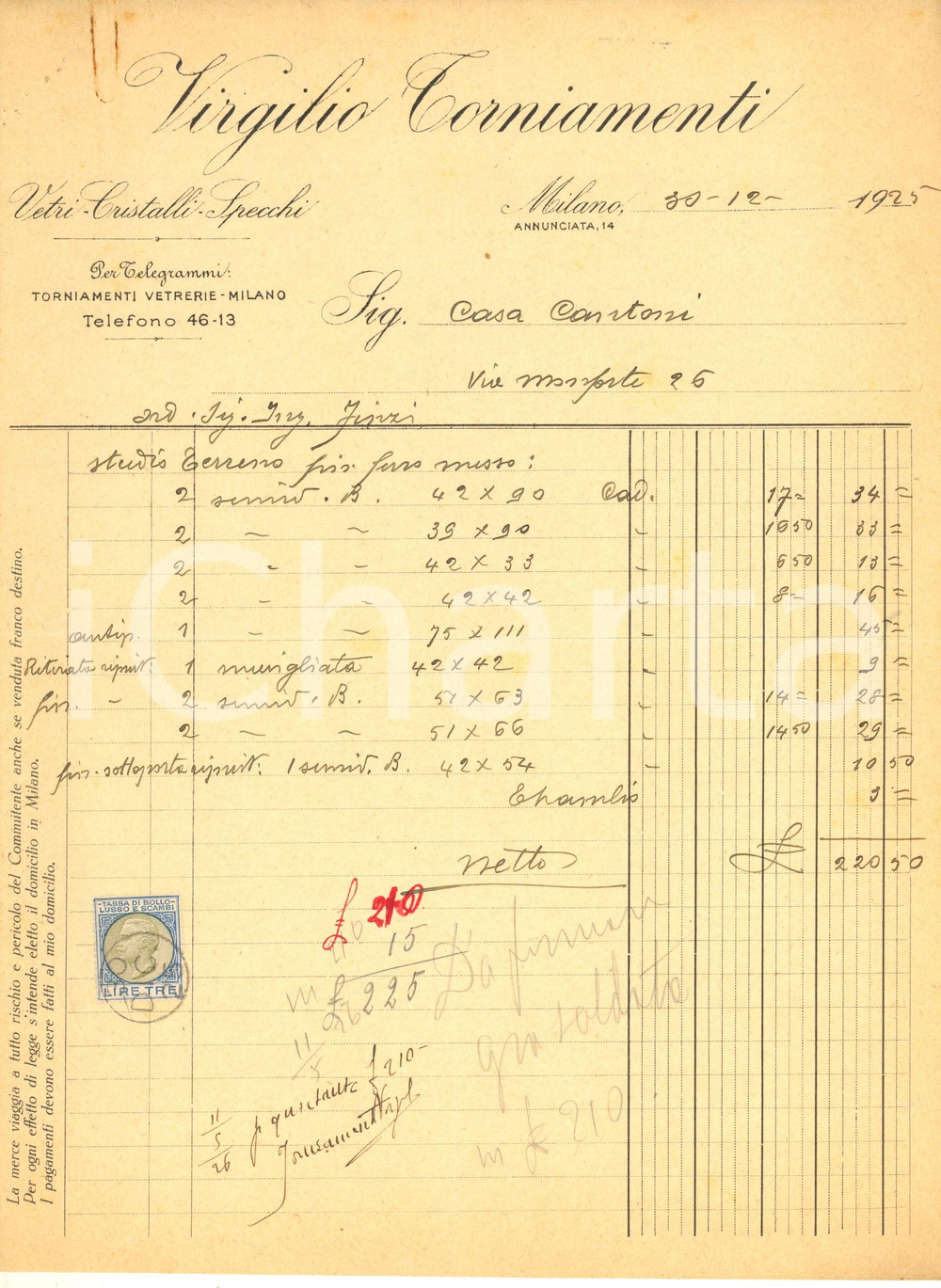 Documento originale, autentico 1925 MILANO Annunciata 14  Virgilio TORNIAMENTI vetri e cristalli Fattura 1