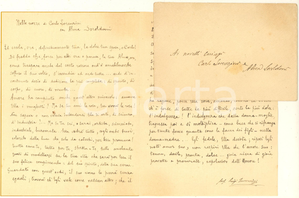 Manoscritto, lettera originale 1928 Discorso prof. Luigi INVERNIZZI  Nozze LORENZINI / SOROLDONI Autografo 1