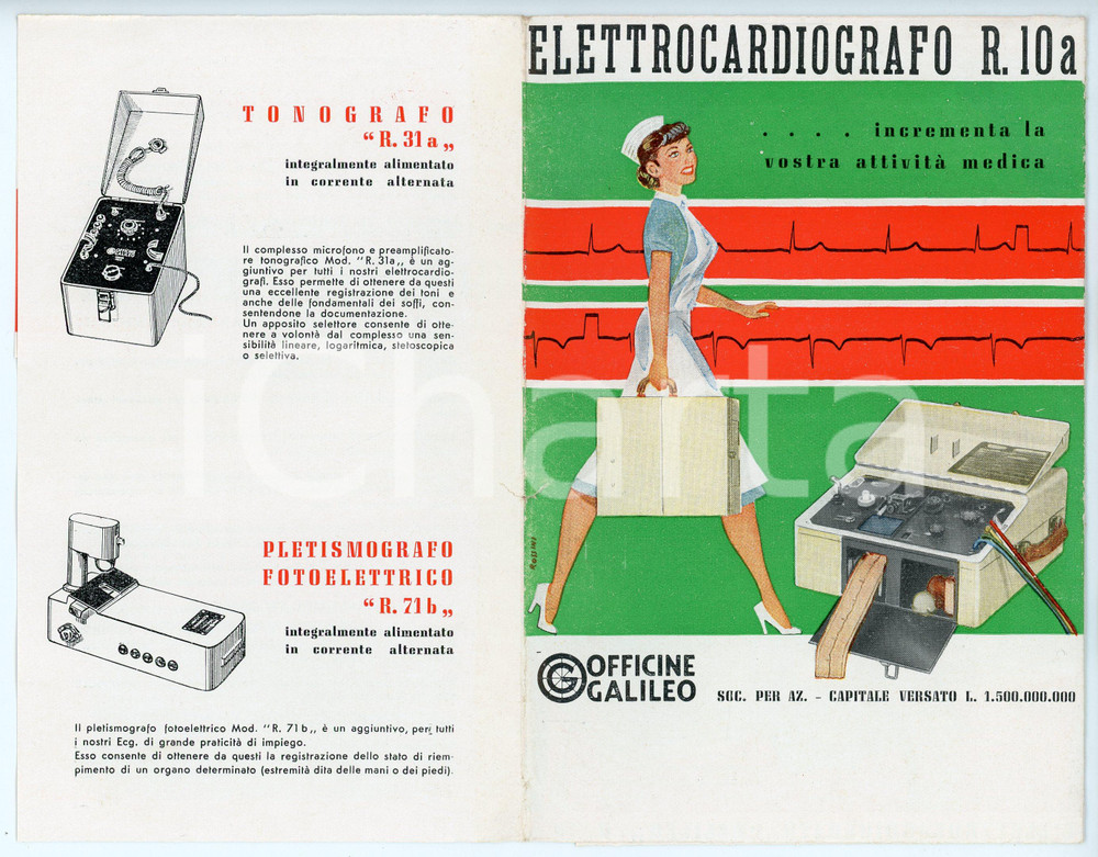 Documento originale, autentico 1950 FIRENZE  OFFICINE GALILEO Elettrocardiografo R.10a  Pieghevole ILLUSTRATO 1