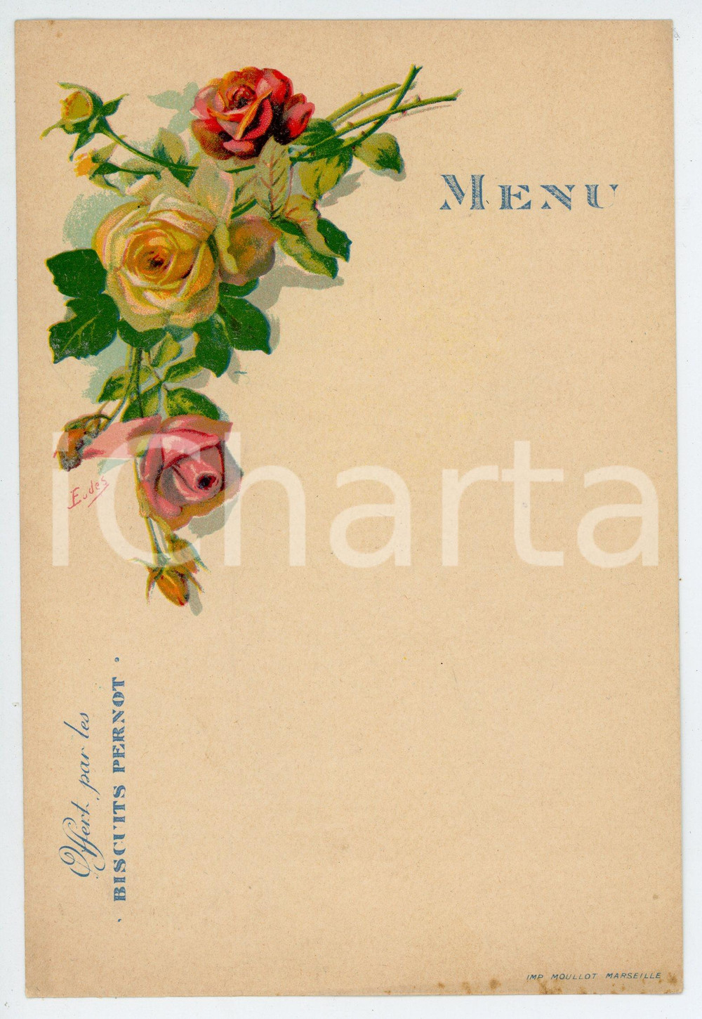 Oggetto da collezione cartaceo 1910 ca MARSEILLE Menu BISCUITS PERNOT Fleurs  Illustration EUDES 12x18 cm 1