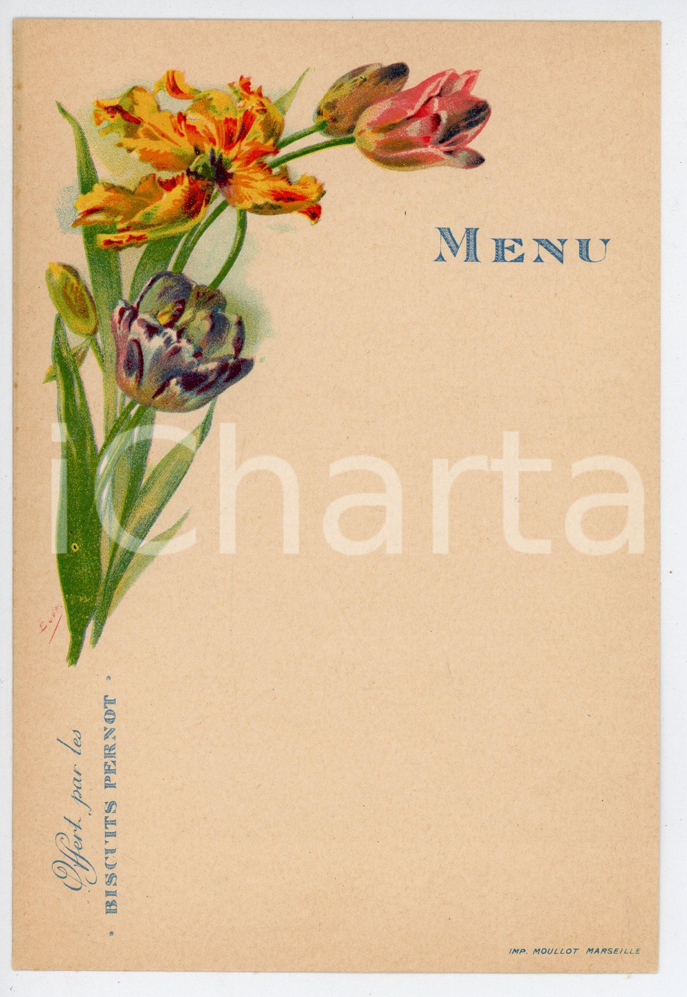 Oggetto da collezione cartaceo 1910 ca MARSEILLE Menu BISCUITS PERNOT Fleurs  Illustration EUDES 12x18 cm 1 1