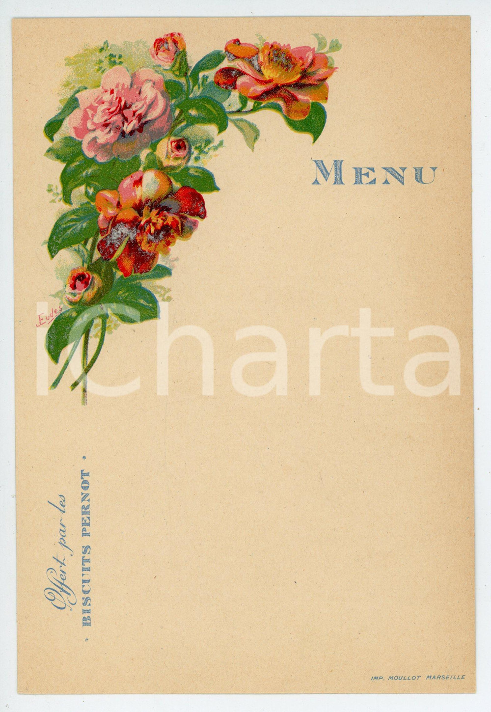 Oggetto da collezione cartaceo 1910 ca MARSEILLE Menu BISCUITS PERNOT Fleurs  Illustration EUDES 12x18 cm 2 1