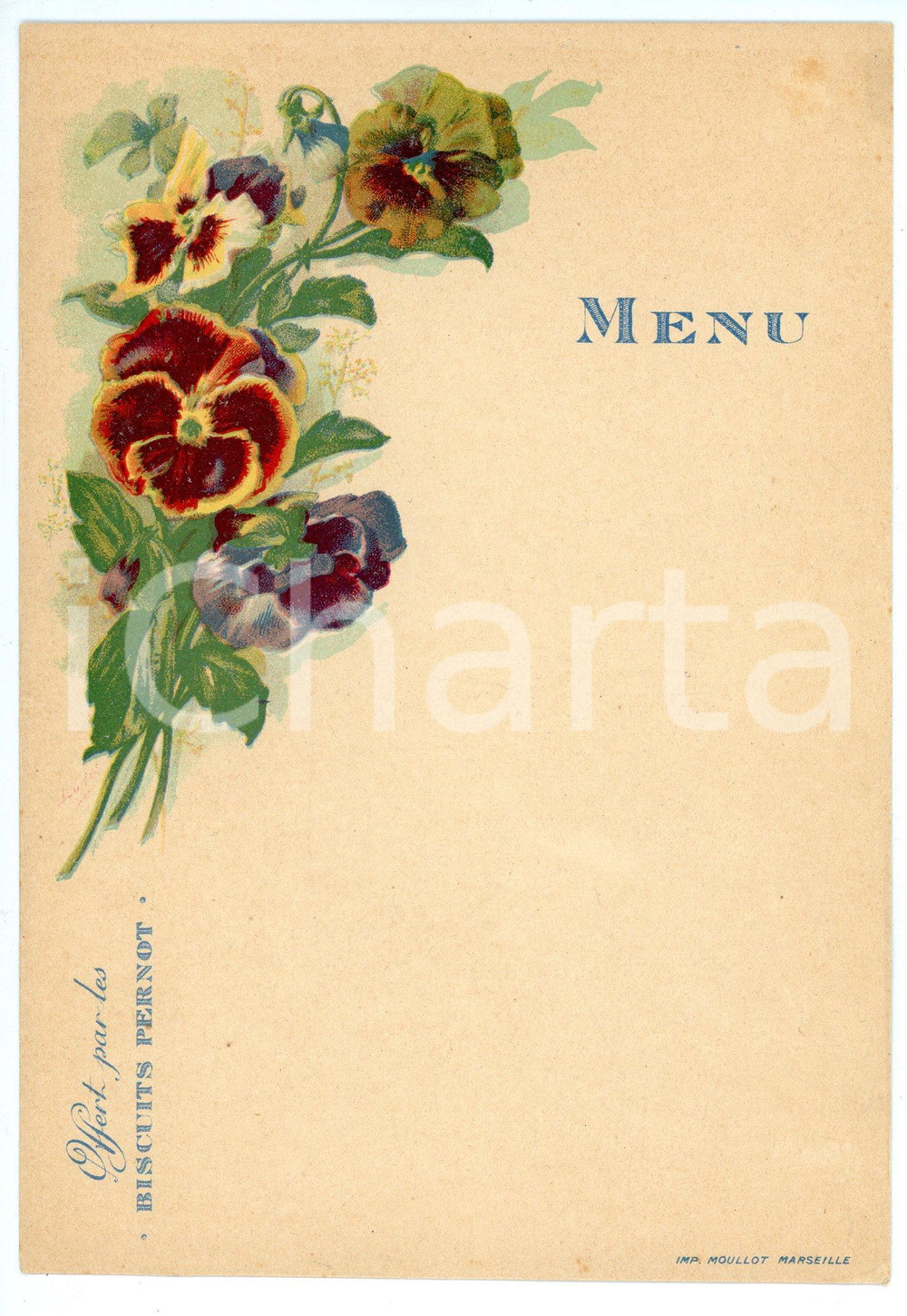 Oggetto da collezione cartaceo 1910 ca MARSEILLE Menu BISCUITS PERNOT Fleurs  Illustration EUDES 12x18 cm 5 1