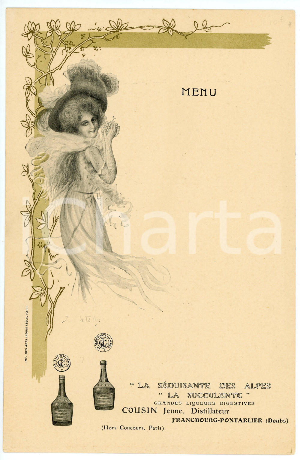 Oggetto da collezione cartaceo 1910 ca FRANCBOURGPONTARLIER Distillateur COUSIN JEUNE La succulente  Menu 1 1