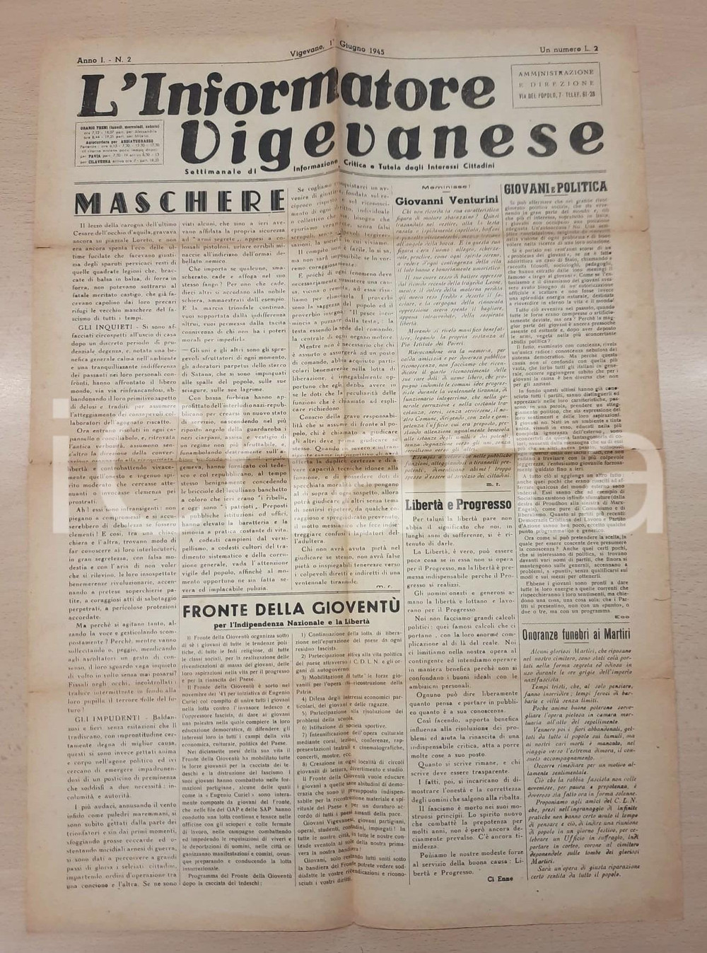 Giornale, rivista storica 1945 VIGEVANO  L INFORMATORE VIGEVANESE Giovanni Venturini Giornale anno I n°2 1