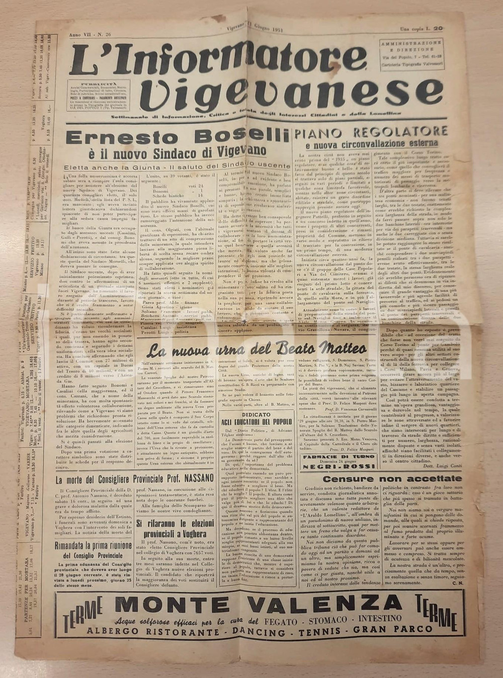 Giornale, rivista storica 1951 L INFORMATORE VIGEVANESE Ernesto BOSELLI sindaco di Vigevano Giornale 1