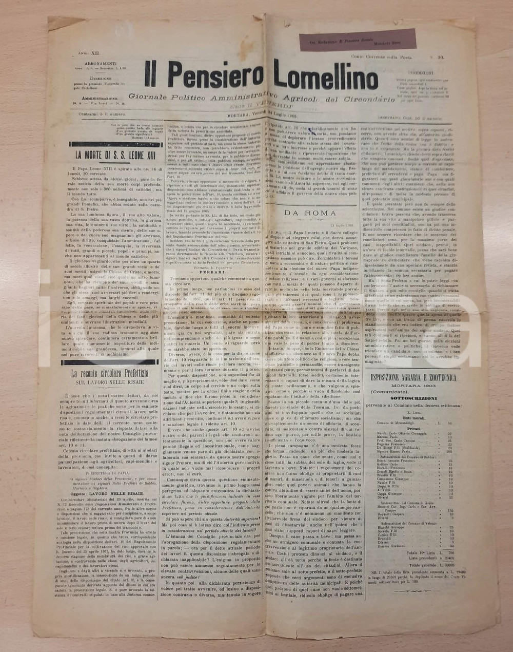 Giornale, rivista storica 1903 MORTARA  IL PENSIERO LOMELLINO Morte di papa Leone XIII Giornale 1