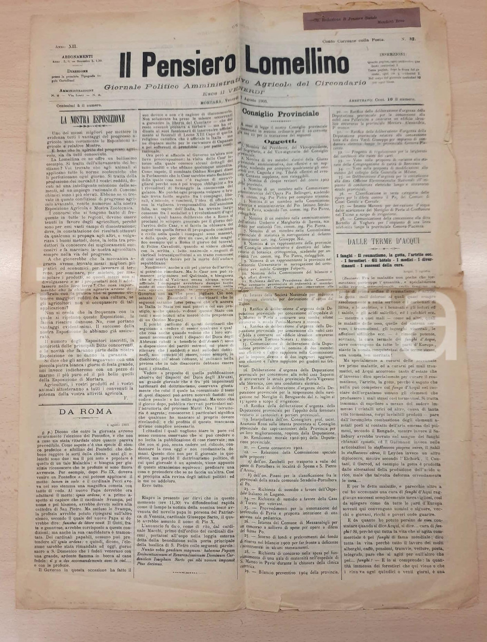 Giornale, rivista storica 1903 IL PENSIERO LOMELLINO Esposizione Agraria di Mortara Giornale 1