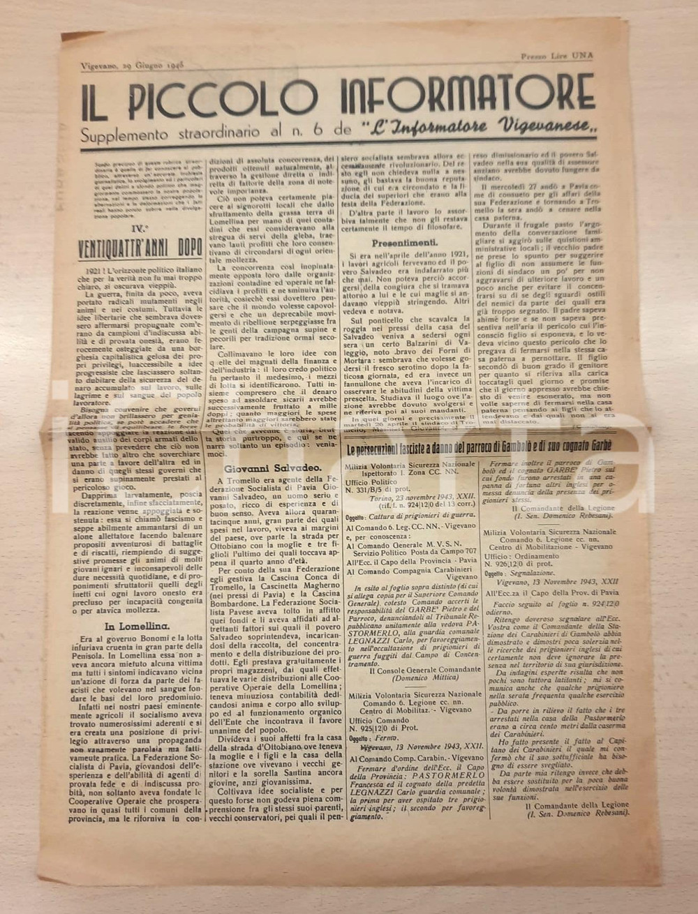 Giornale, rivista storica 1945 VIGEVANO  IL PICCOLO INFORMATORE  Fascismo in Lomellina Supplemento 1