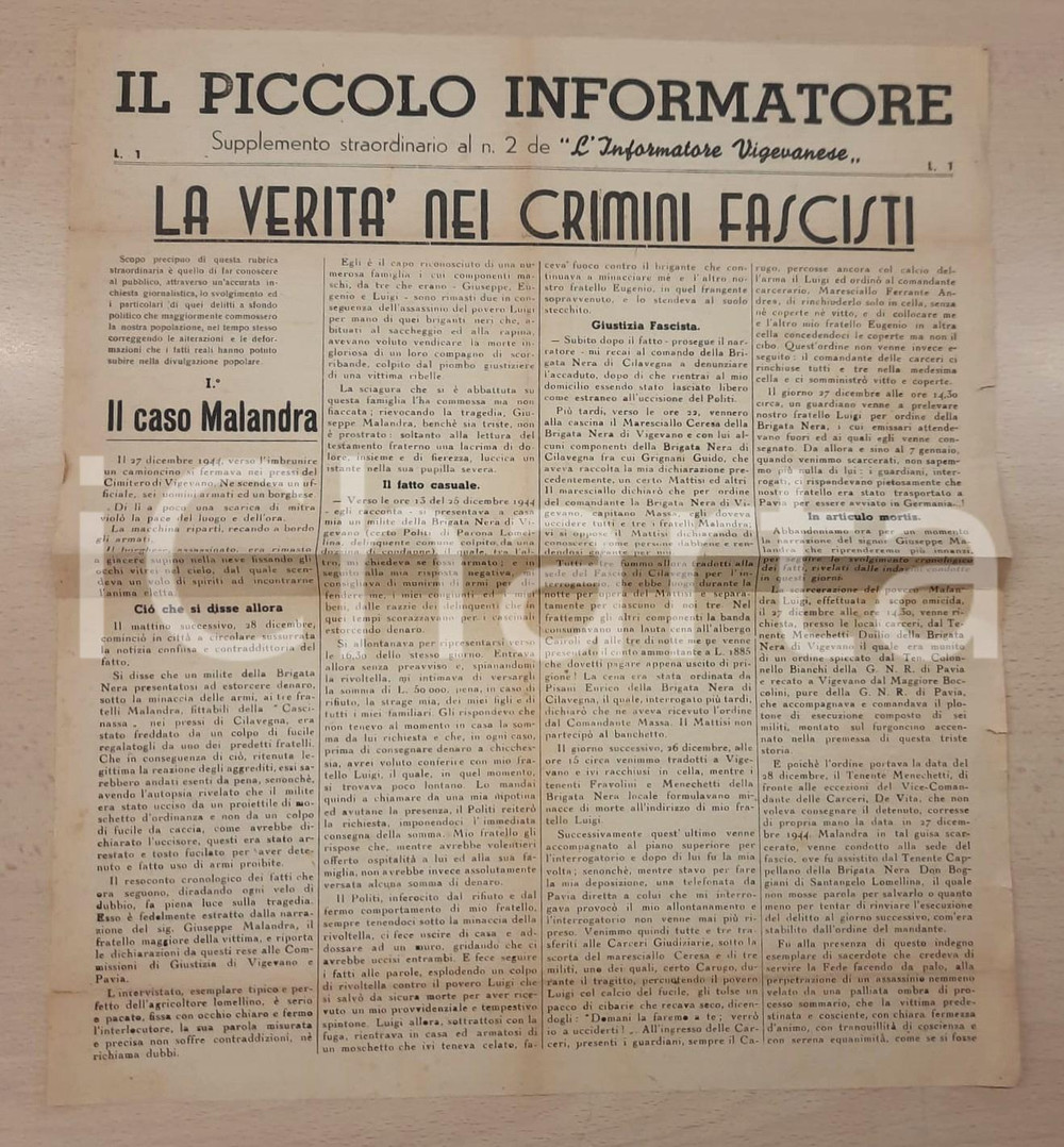 Giornale, rivista storica 1945 VIGEVANO  IL PICCOLO INFORMATORE Verità nei crimini fascisti Supplemento 1