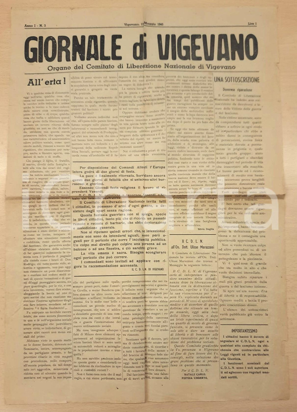 Giornale, rivista storica 1945 GIORNALE DI VIGEVANO Festa per la pace  Detenuti politici Giornale CLN 1