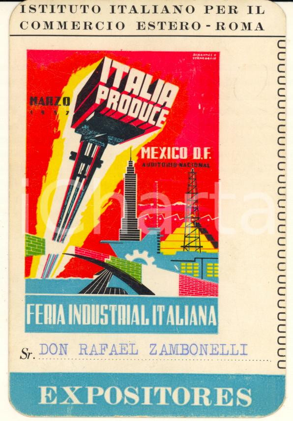 Oggetto da collezione cartaceo 1957 MEXICO Feria Industrial Italiana  Tessera espositori Italia produce 1