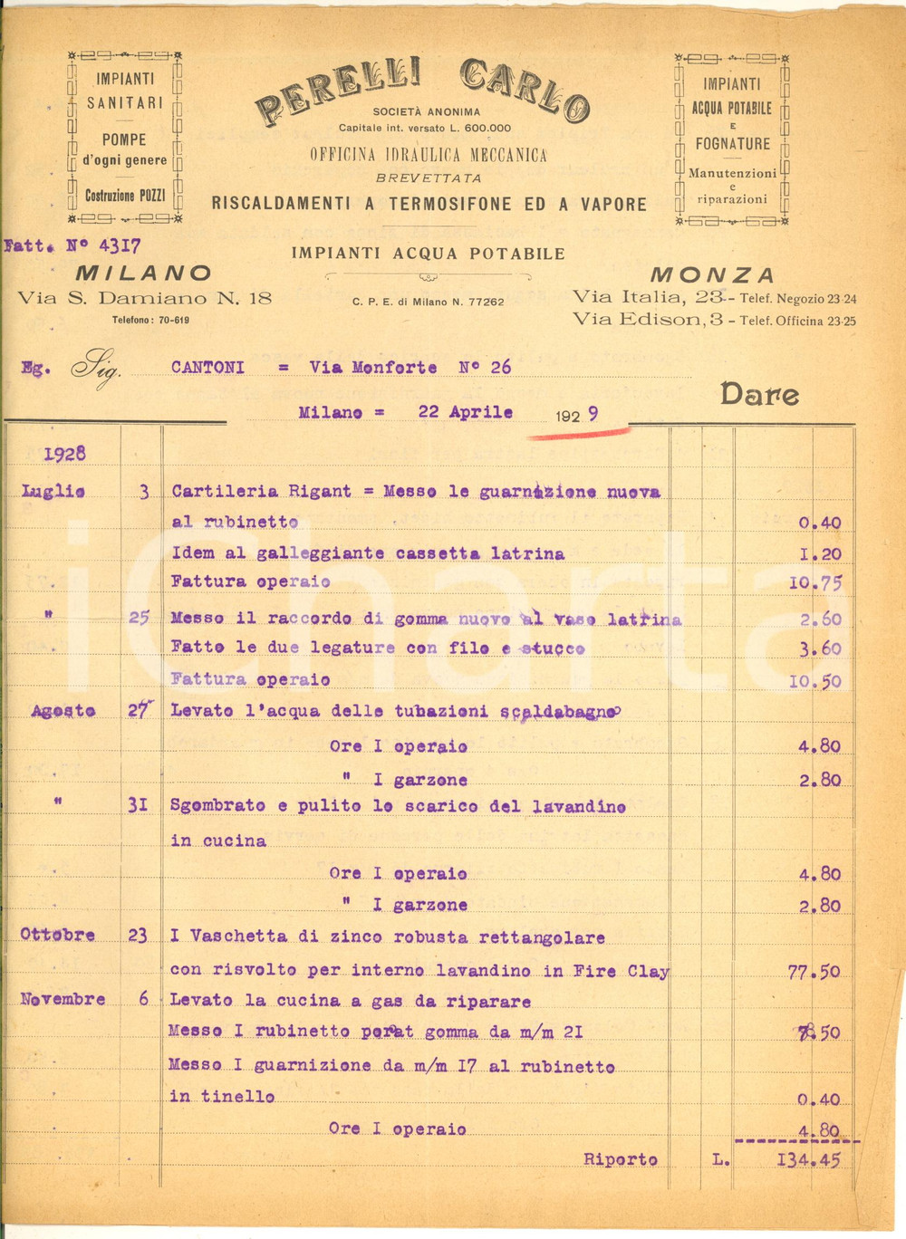 Documento originale, autentico 1929 MILANO Via S. Damiano  Carlo PERELLI impianti sanitari Fattura 1