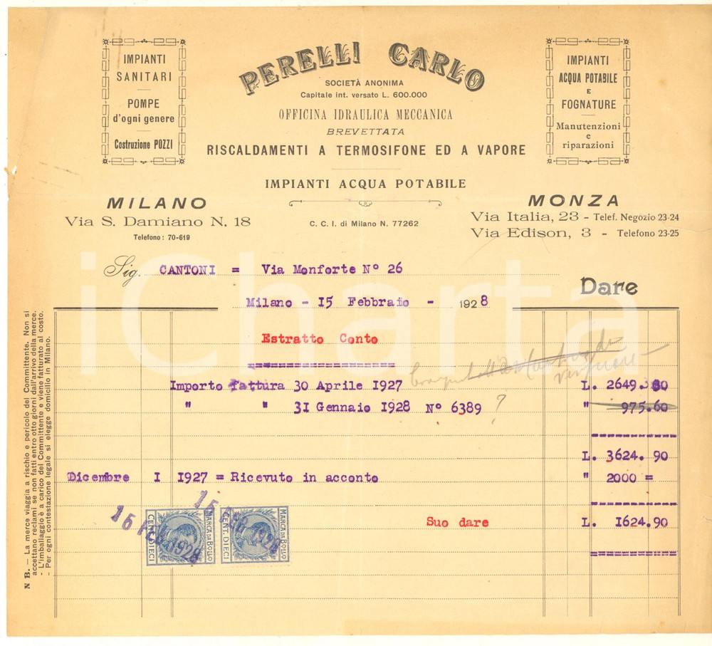 Documento originale, autentico 1929 MILANO Via S. Damiano  Carlo PERELLI impianti sanitari Estratto conto 1