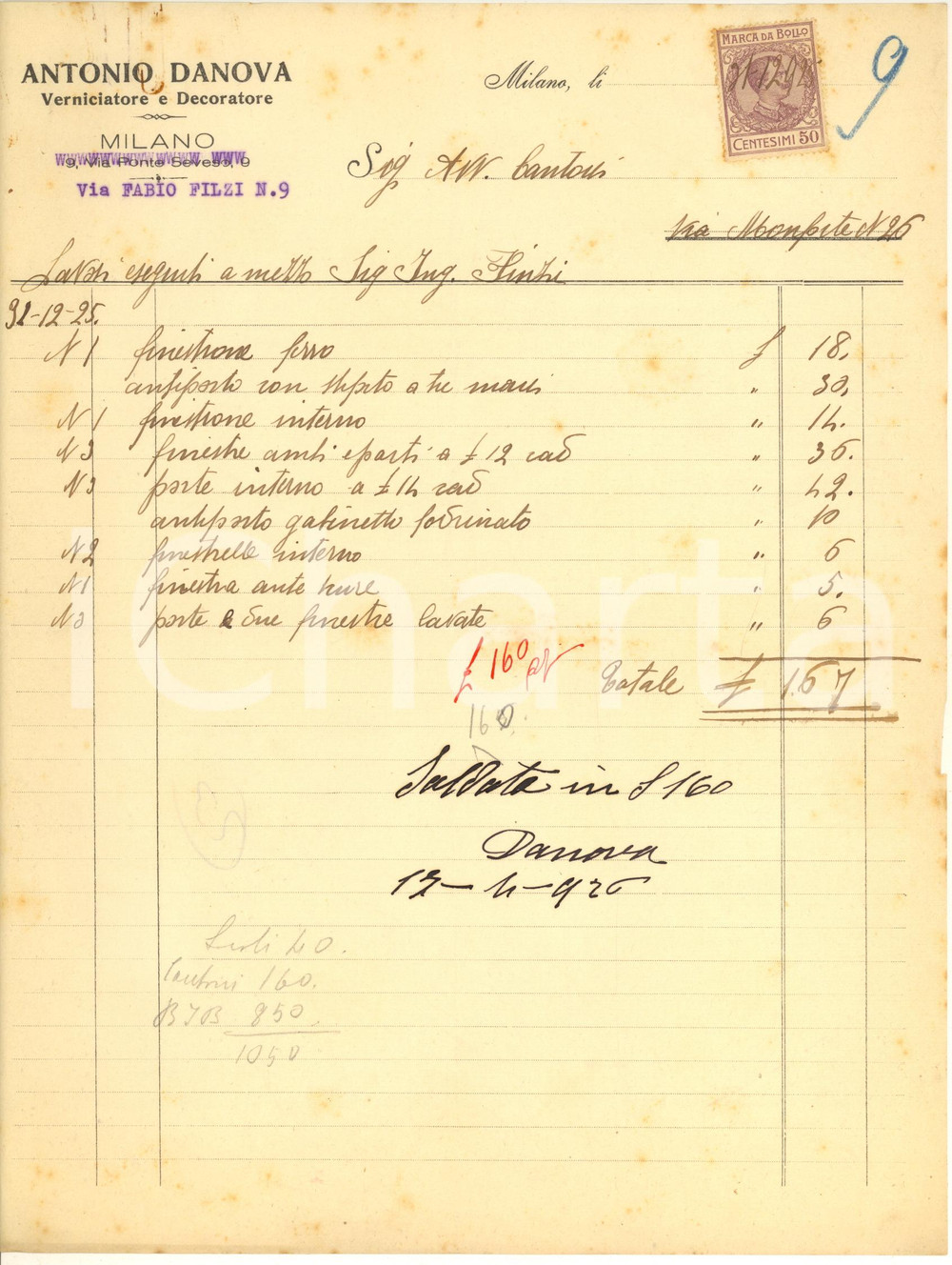 Documento originale, autentico 1926 MILANO Via Fabio Filzi  Antonio DANOVA Verniciatore e decoratore Fattura 1