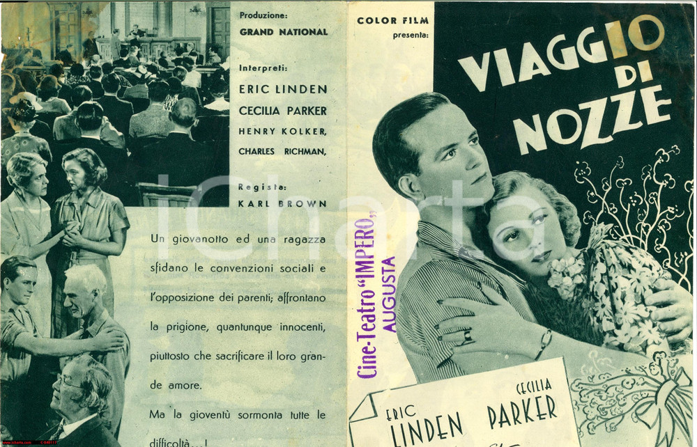Materiale pubblicitario d’epoca 1936 Karl BROWN  Eric Linden Cecilia Parker Viaggio di nozze Volantino cinema 1