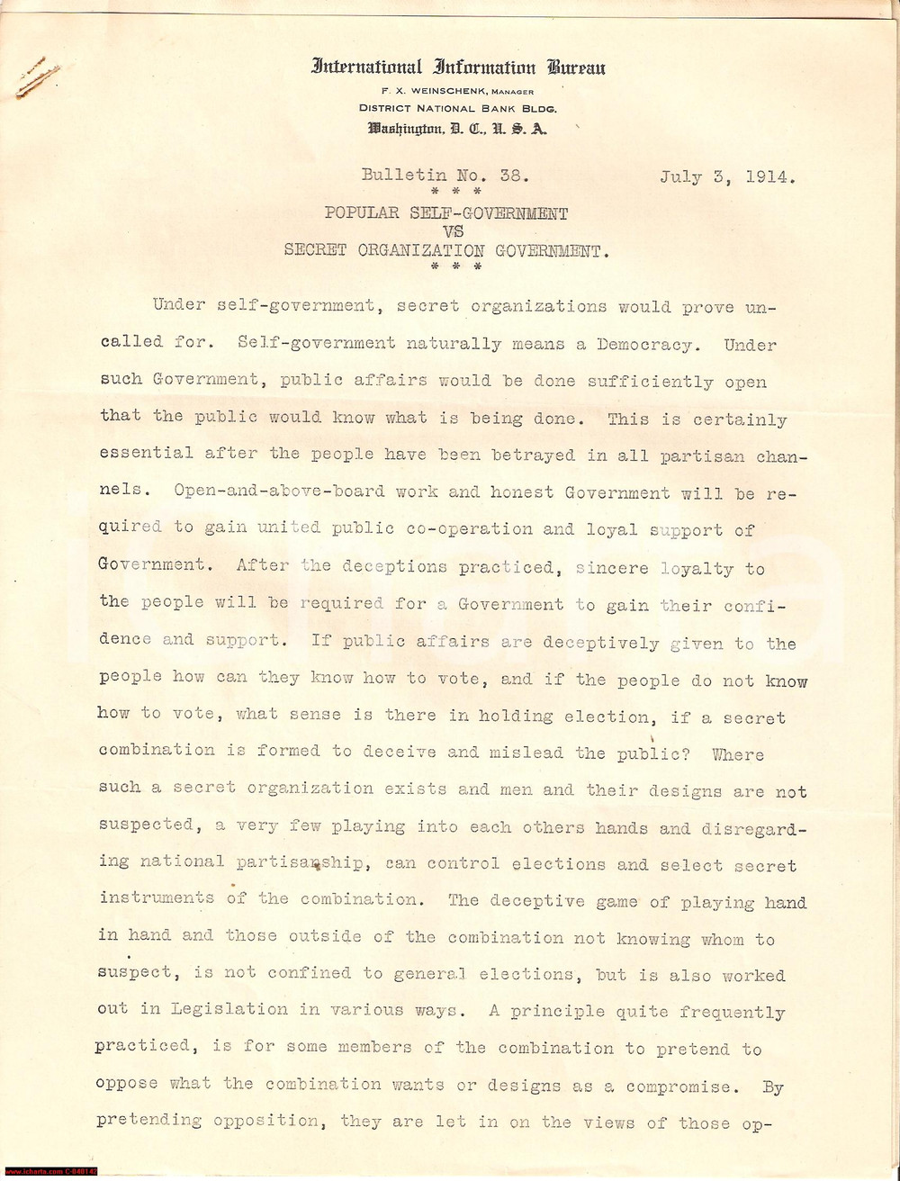 Documento originale, autentico 1914 USA Frank WEINSCHENK Popular selfgovernment 1