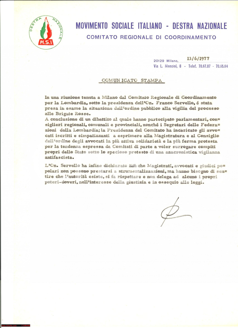 Documento originale, autentico 1977 MSI DN Comunicato stampa Brigate Rosse 1