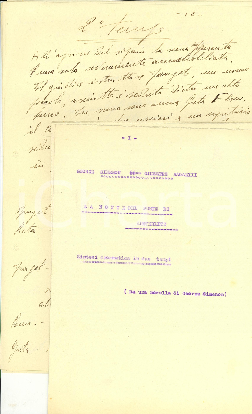 Autografo originale 1930ca Giuseppe Joe RADAELLI Notte del ponte di Austerlitz SCENEGGIATURA INEDITA 1
