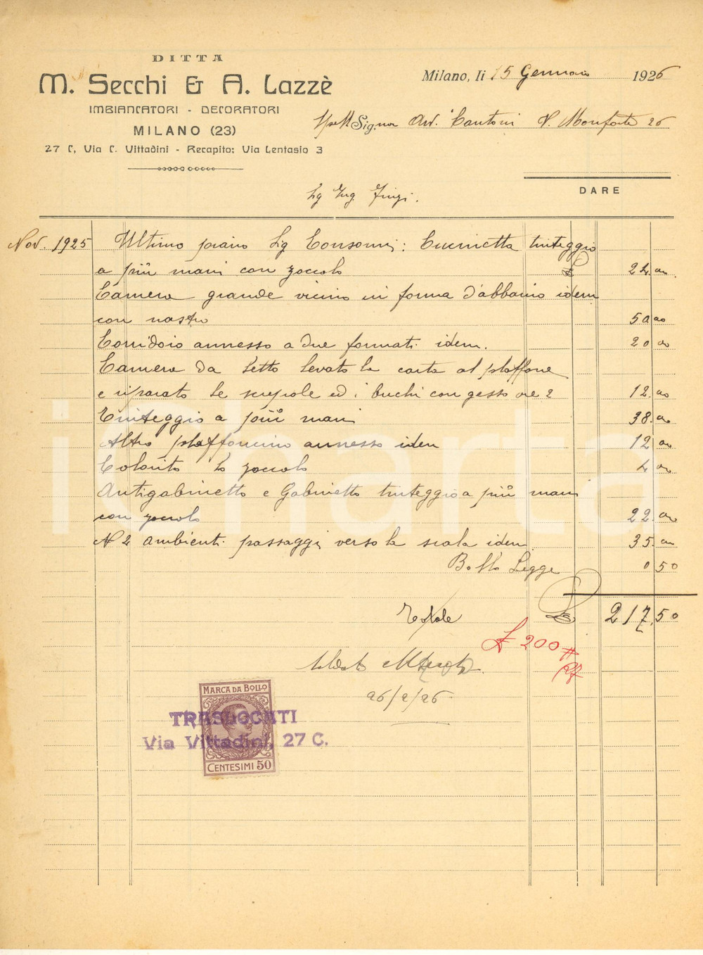 Documento originale, autentico 1926 MILANO Via Vittadini  Ditta M. SECCHI A. LAZZE  decoratori  Fattura 1