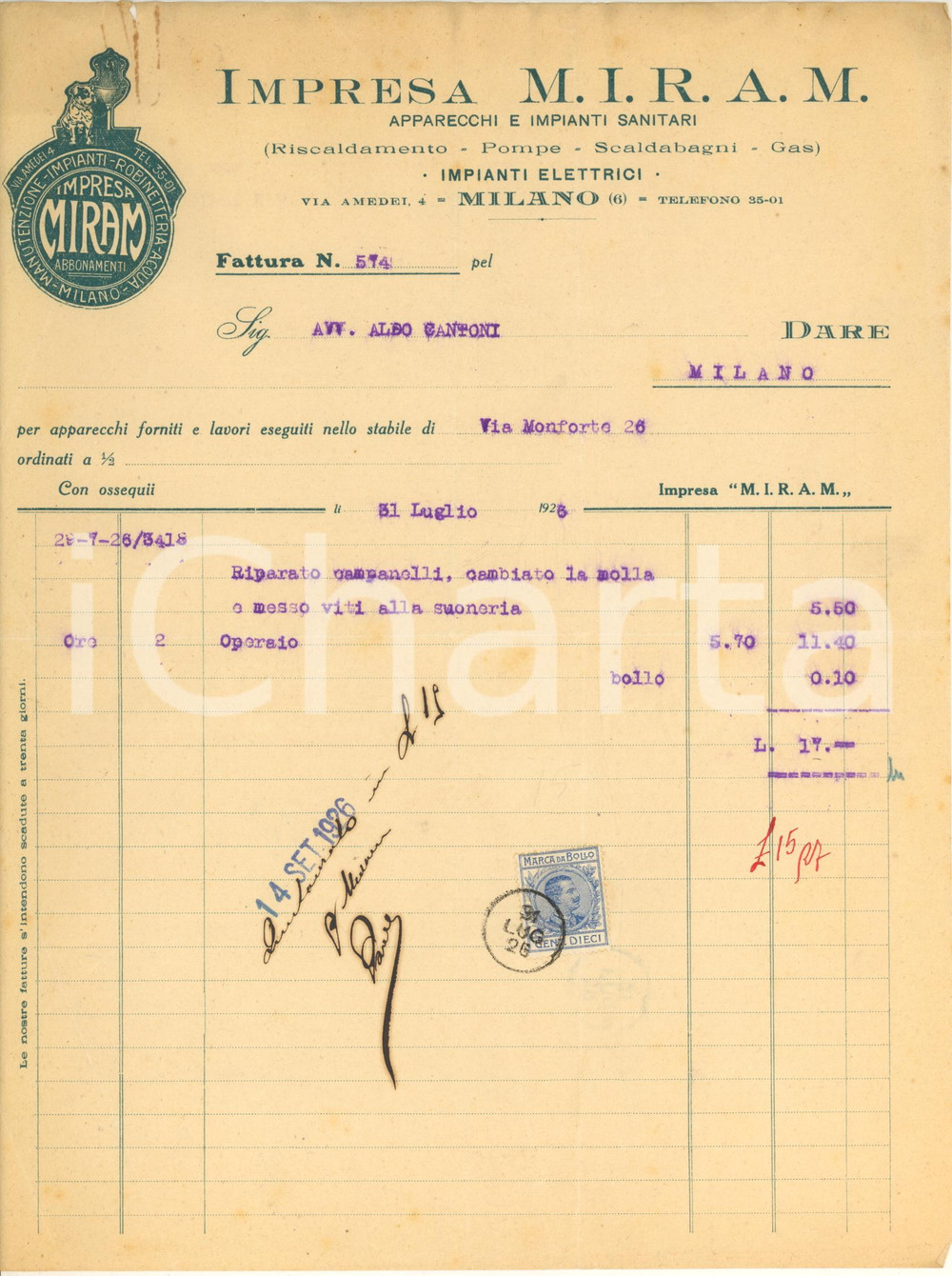 Documento originale, autentico 1926 MILANO Via Amedei 4  Impresa M.I.R.A.M.  Fattura riparazione campanelli 1
