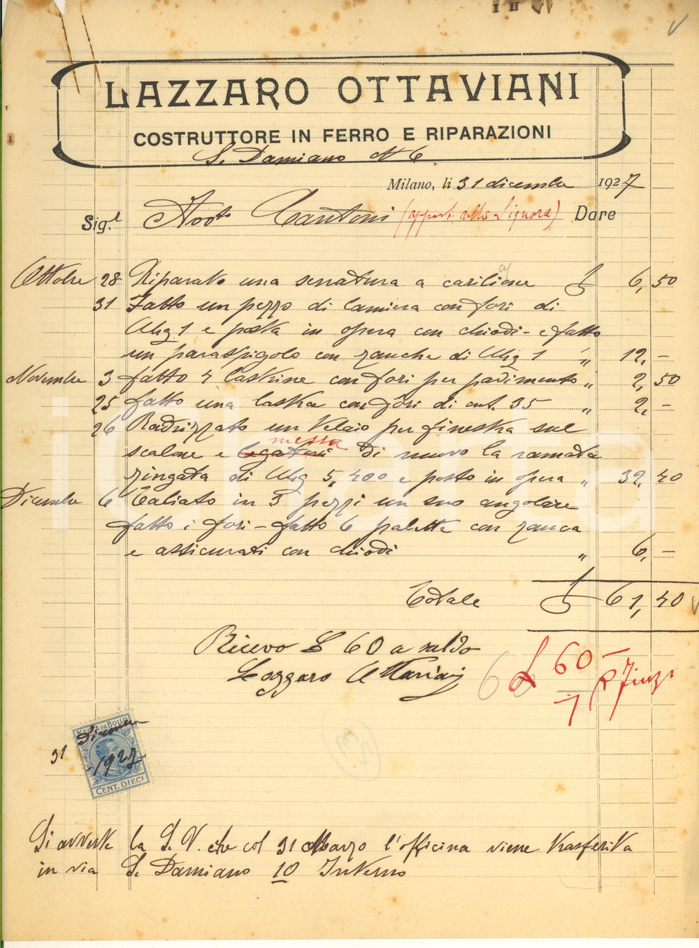 Documento originale, autentico 1927 MILANO Via S. Damiano 6  Lazzaro OTTAVIANI costruttore in ferro Fattura 1