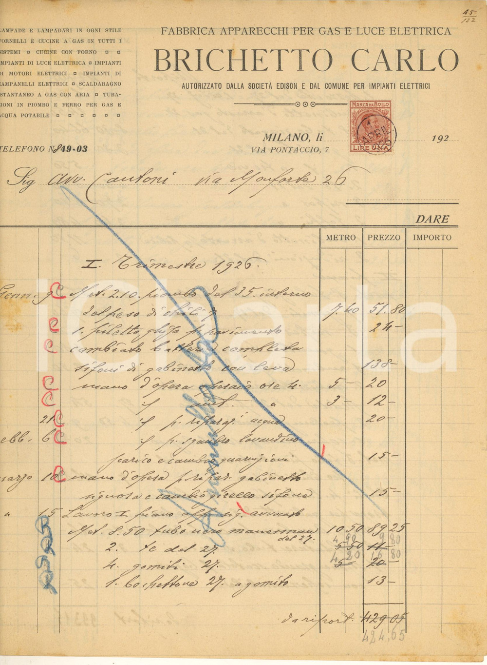 Documento originale, autentico 1926 MILANO Via Pontaccio 7  BRICHETTO Carlo apparecchi gas Fattura 1