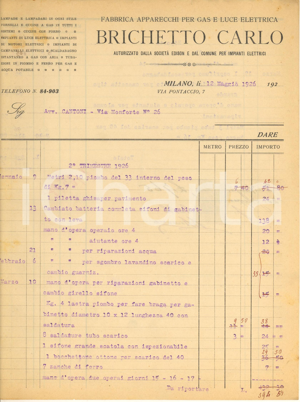 Documento originale, autentico 1926 MILANO Via Pontaccio 7  BRICHETTO Carlo apparecchi gas Fattura 1