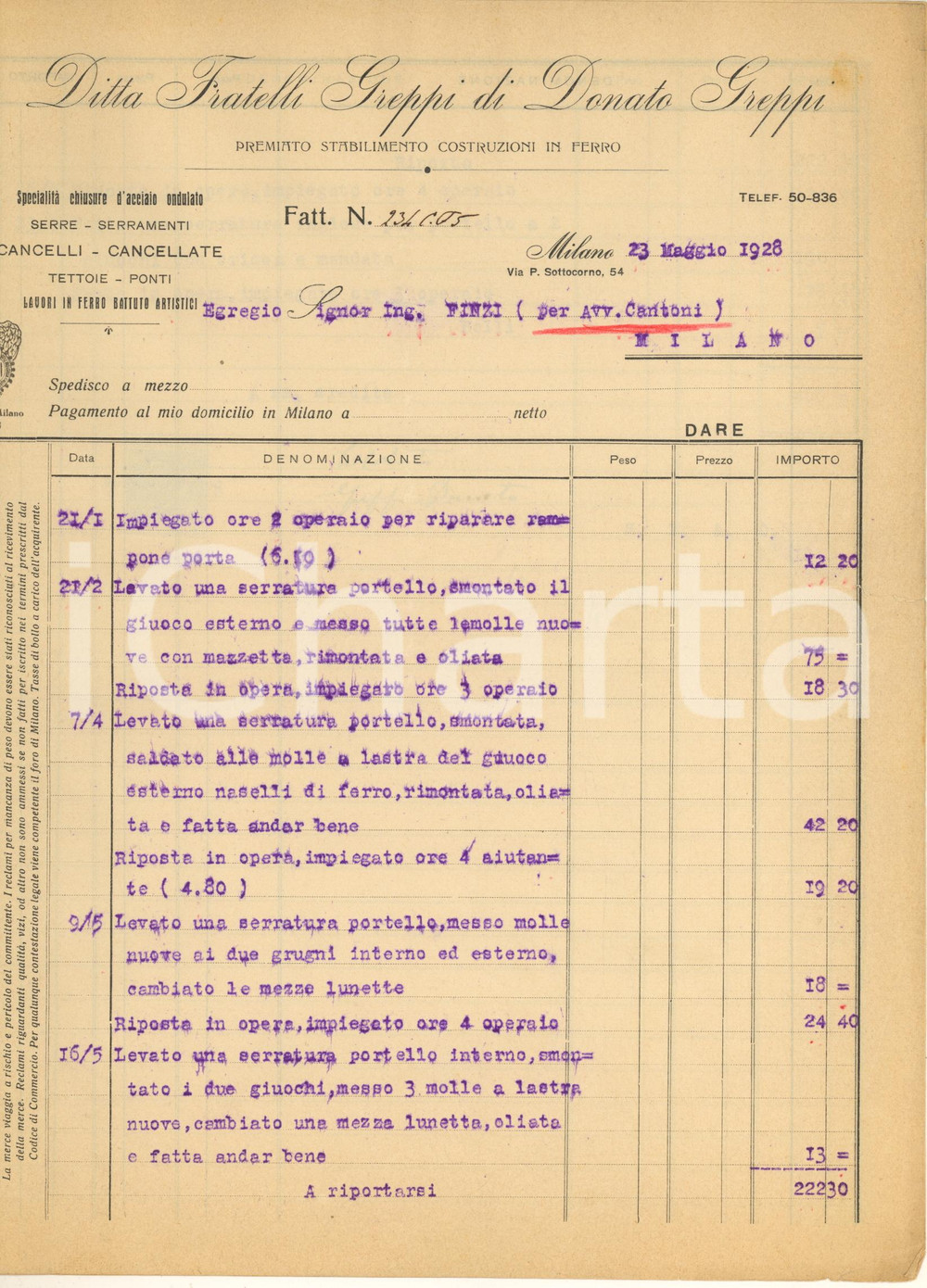 Documento originale, autentico 1926 MILANO Via P. Sottocorno 54  Ditta Fratelli GREPPI Fattura per serrature 1