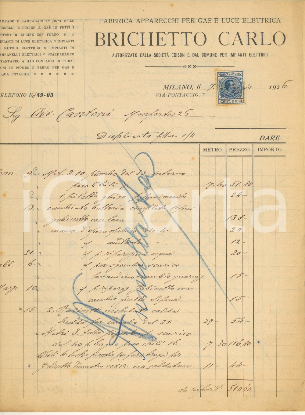 Documento originale, autentico 1926 MILANO Via Pontaccio 7  BRICHETTO Carlo  Fabbrica apparecchi gas Fattura 1