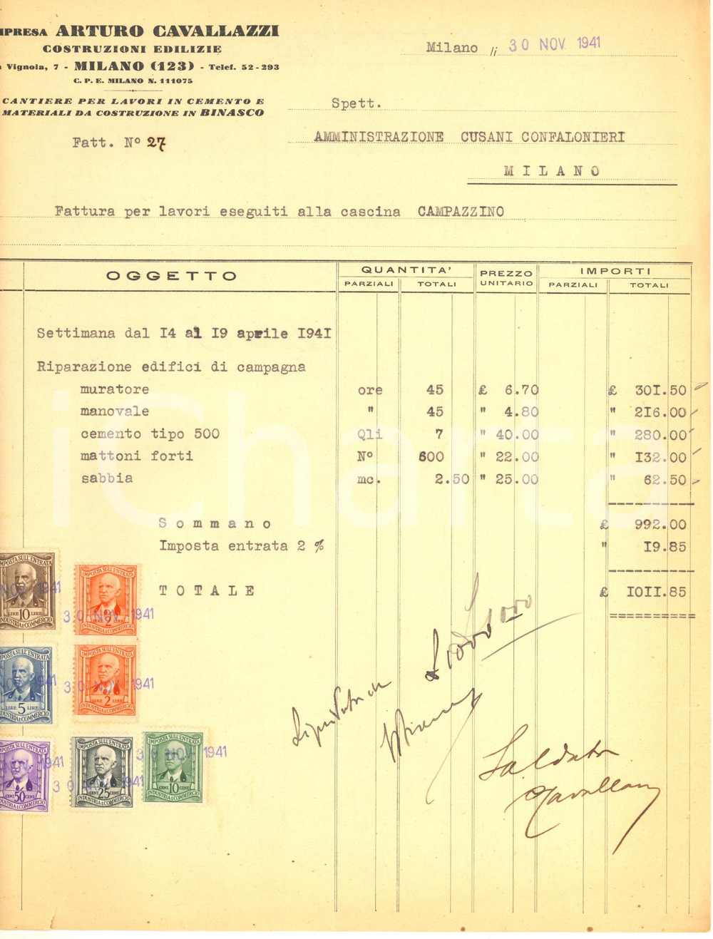 Documento originale, autentico 1941 MILANO Via Vignola 7  Impresa Arturo CAVALLAZZI costruzioni Fattura 1