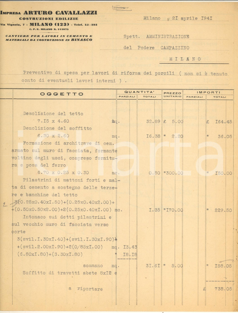Documento originale, autentico 1941 MILANO Via Vignola 7  Impresa Arturo CAVALLAZZI Fattura lavori porcili 1