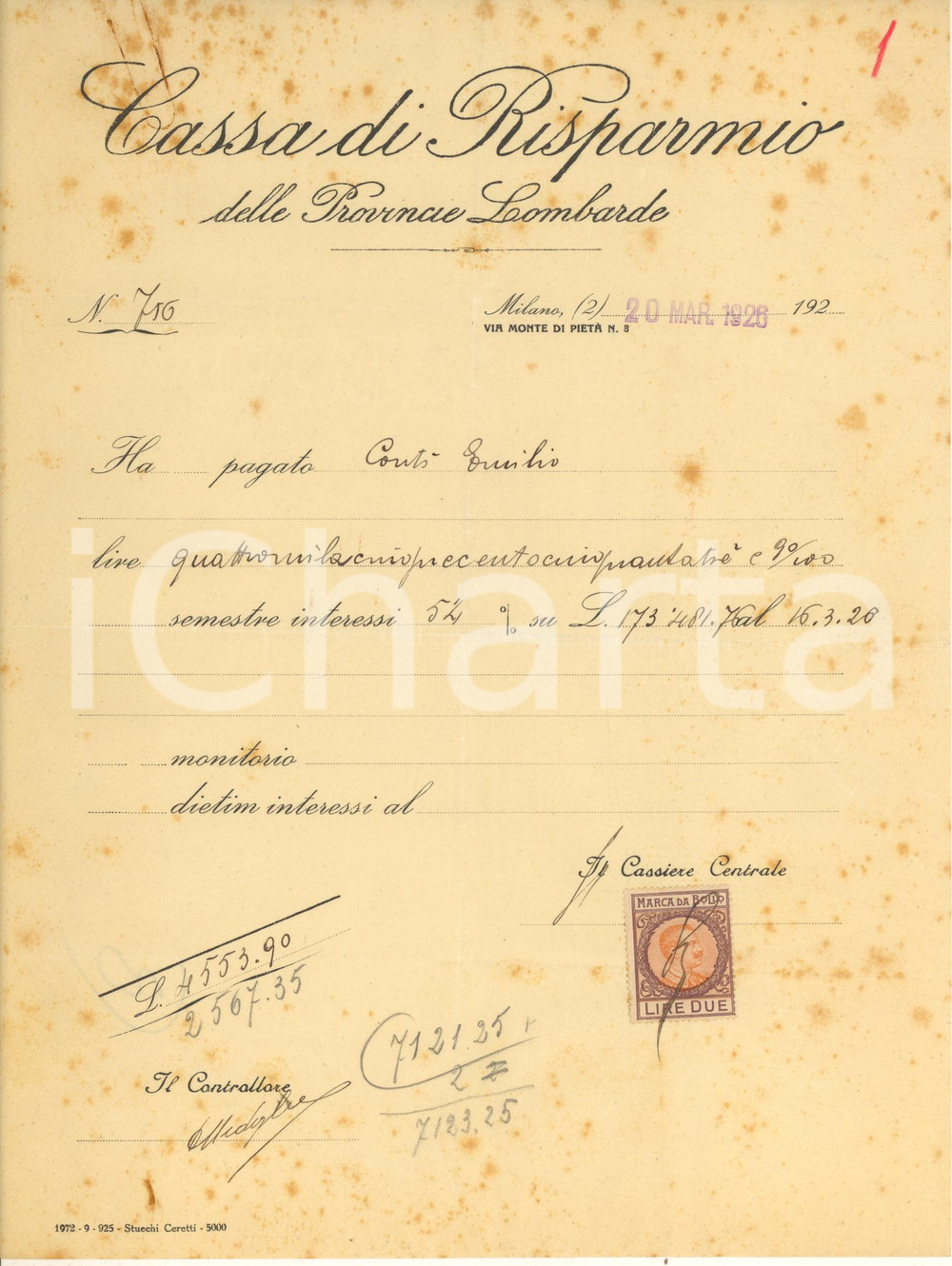 Documento originale, autentico 1926 MILANO Cassa di Risparmio delle Provincie Lombarde  Ricevuta cliente 1