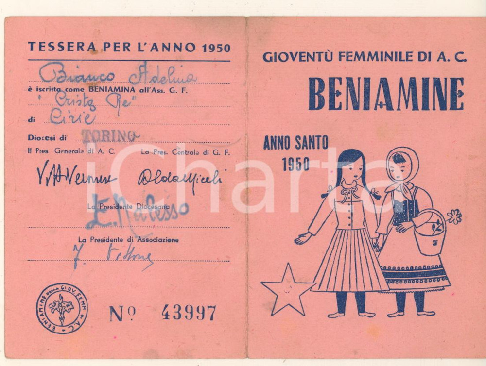 Oggetto da collezione cartaceo 1950 CIRIE  TO Gioventù Femminile A. C.  Tessera Beniamine Anno Santo 1