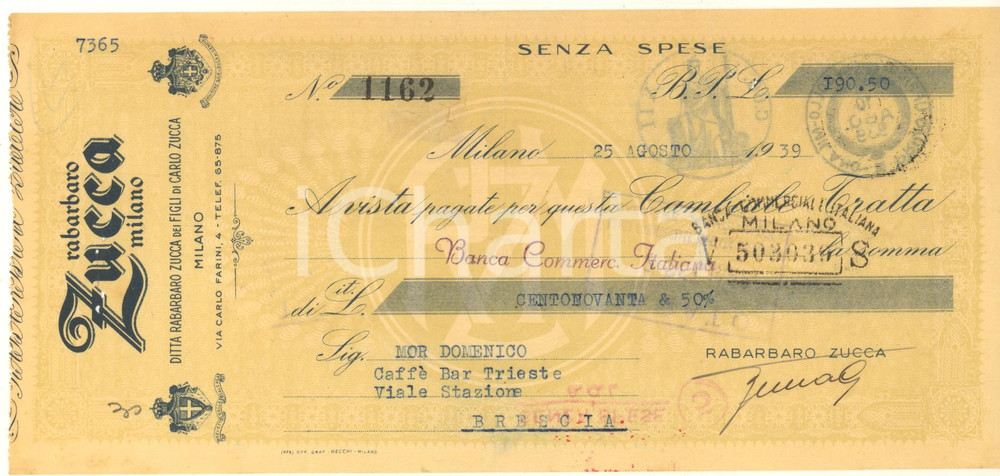 Oggetto da collezione cartaceo 1939 MILANO Via Farini 4  Rabarbaro ZUCCA   Cambiale pubblicitaria 1