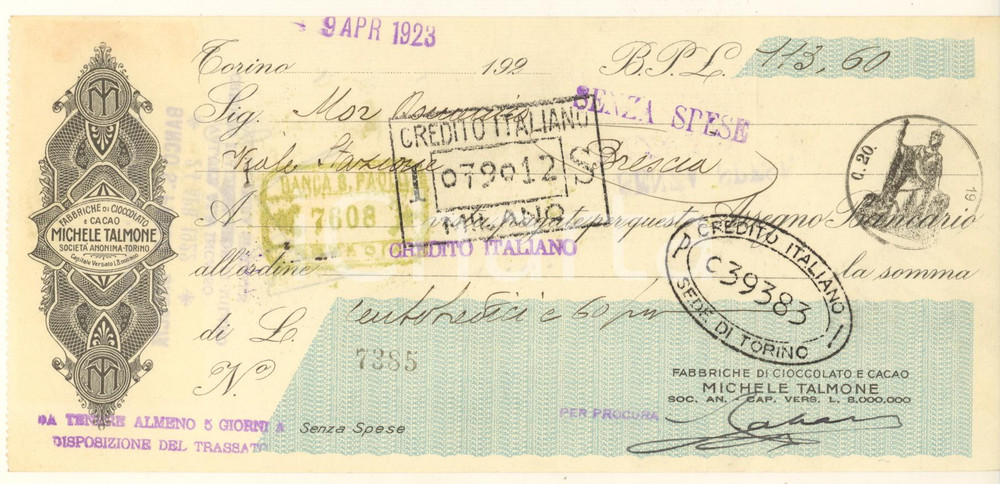 Oggetto da collezione cartaceo 1923 TORINO  Michele TALMONE Fabbriche di cioccolato  Cambiale pubblicitaria 1