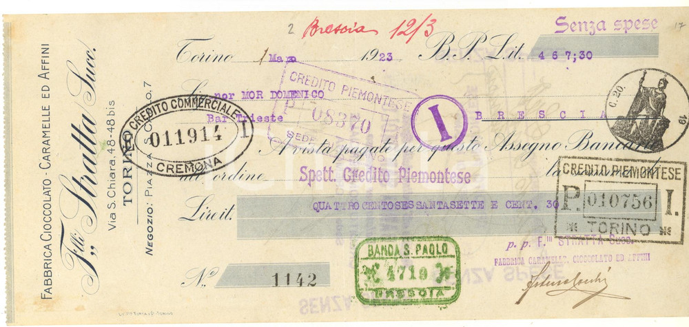 Oggetto da collezione cartaceo 1923 TORINO via S. Chiara  F.lli STRATTA Cioccolato  Cambiale pubblicitaria 1