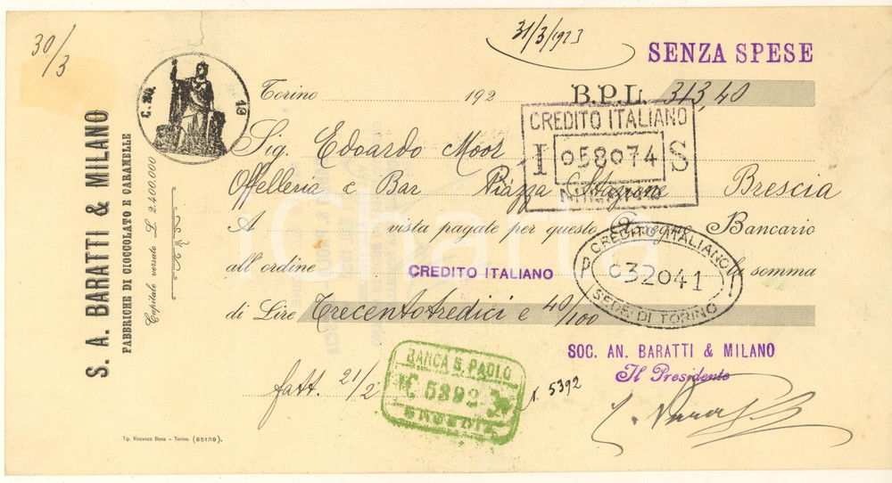 Oggetto da collezione cartaceo 1923 TORINO  BARATTI & MILANO Fabbrica Cioccolato  Cambiale pubblicitaria 1