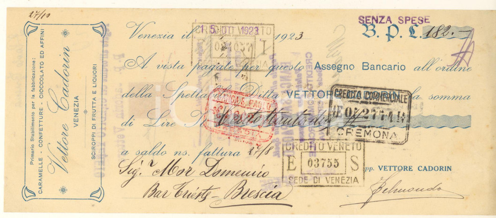 Oggetto da collezione cartaceo 1923 VENEZIA  Vettore CADORIN Fabbrica Cioccolato  Cambiale pubblicitaria 1