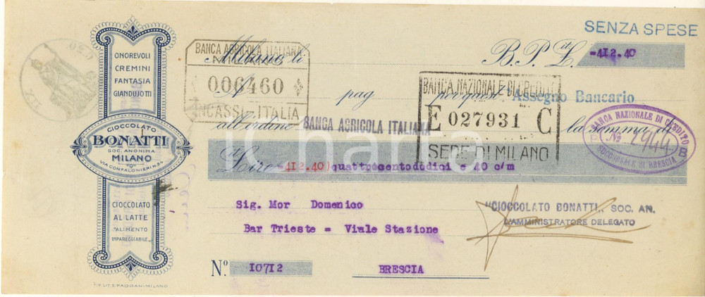 Oggetto da collezione cartaceo 1940 MILANO Via Confalonieri 34  Cioccolato BONATTI  Cambiale pubblicitaria 1